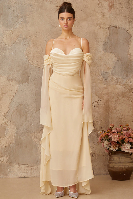 Mélusine Neutral Ruched Chiffon Maxi Dress