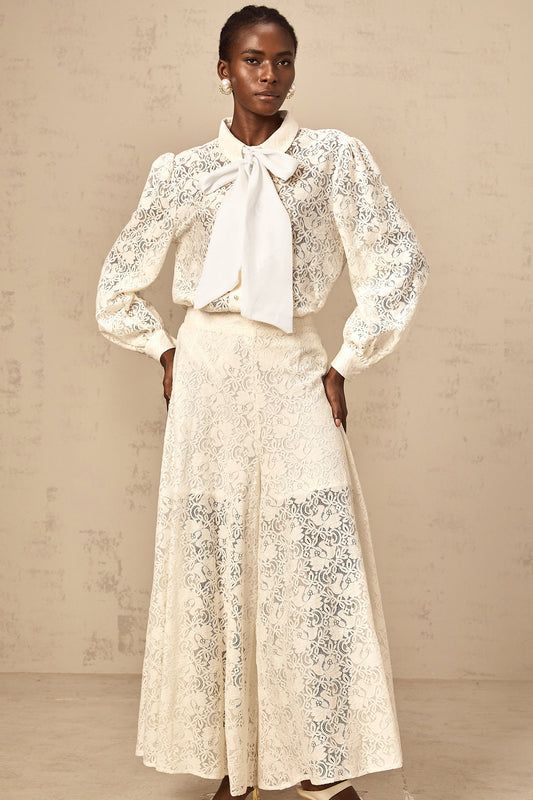 Vanessa white guipure-lace shirt & trousers matching set