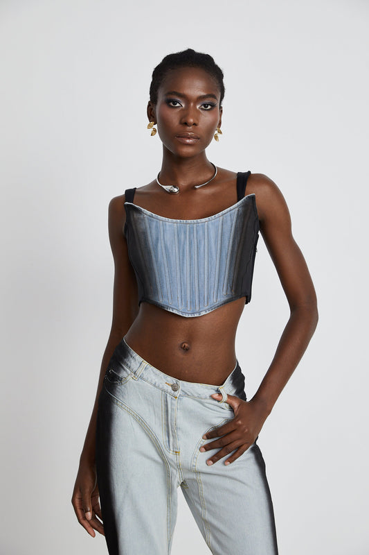 Manon two-tone denim cropped top