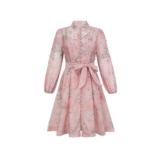 Narcisse pink embellished floral-print mini dress