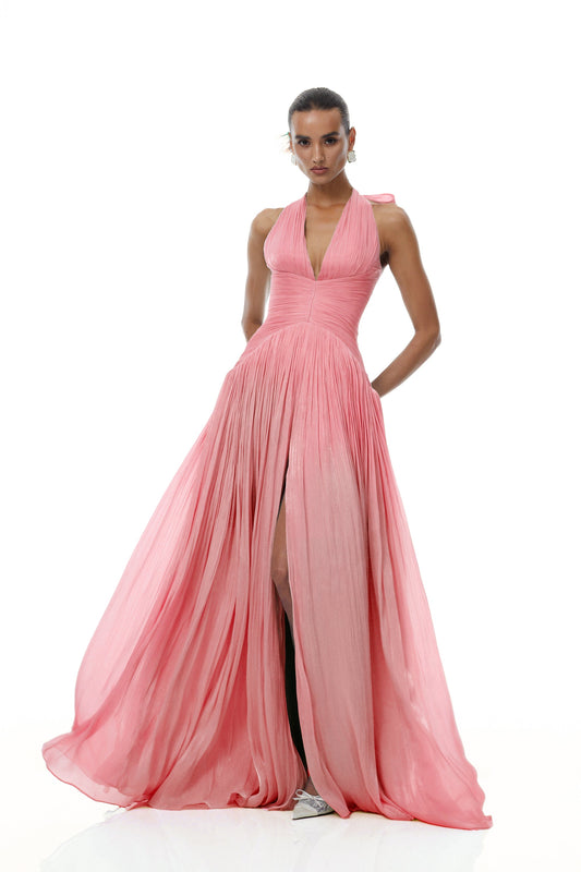 Térébenthine Pink Glossy Gathered Maxi Dress