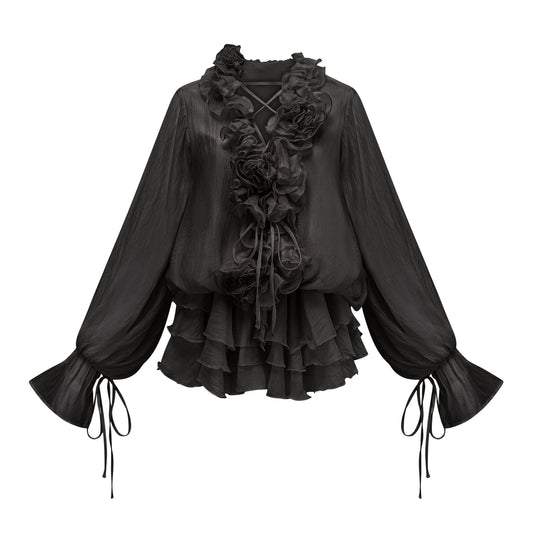 Zéphyrine floral-appliqué tiered mini dress in Black