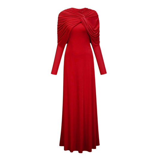 Moderne Red Cape-Design Ruched Maxi Dress