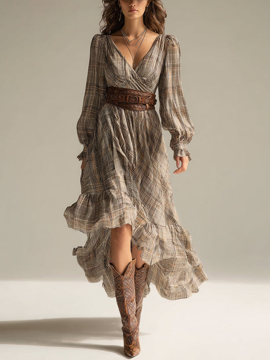 Women's Beige - Plaid Bohemian Chiffon Ruffled Midi Dress (without Belt) MDA0679H1I