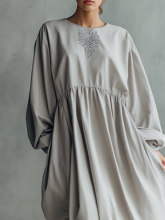 Women's Grey Elegant Cotton - Blend Embroidered Lantern - Sleeve Maxi Dress MDA1068J5I