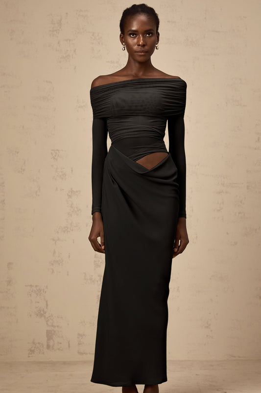 Estelle off-shoulder semi-sheer midi dress in Black