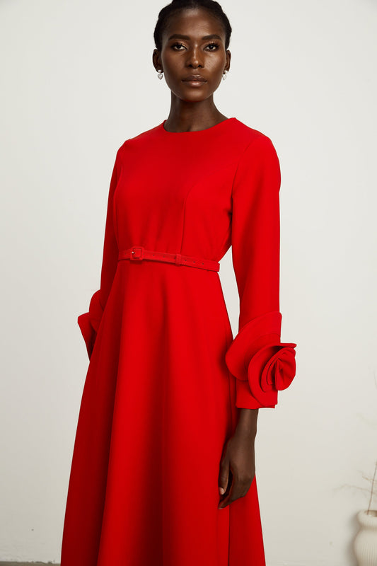 Elysia floral-embellished red long-sleeve dress