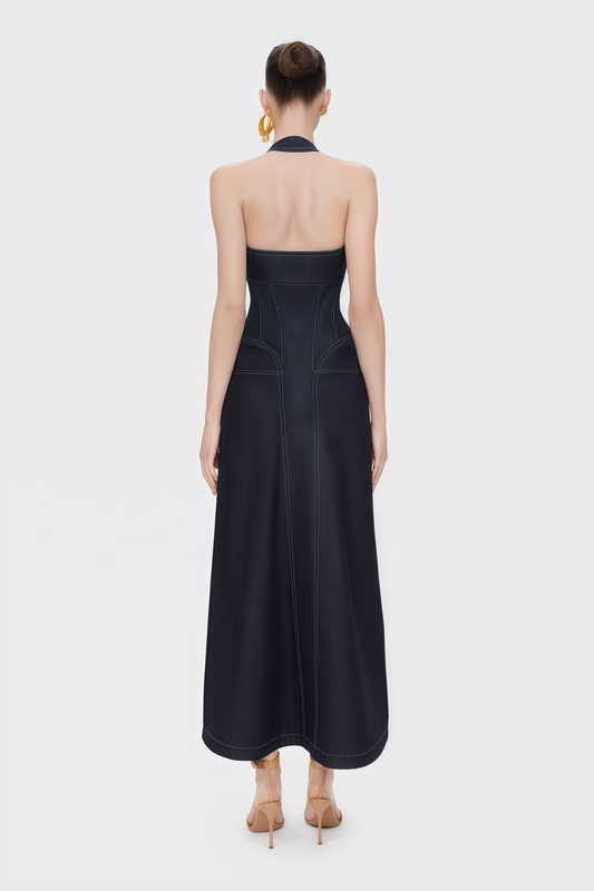Adrienne black denim front-slit contrast-stitching maxi dress