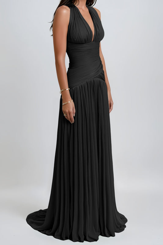 Elegant Uranie Black Halterneck Gathered Maxi Dress with Pleated Train Design