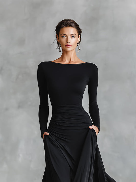 Women's Black Modern Crepe Ruched Boat - Neck Maxi Dress MDA1472J7I