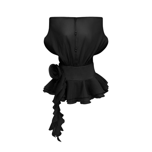 Amélie Black Floral Appliqué Flounced Mini Dress