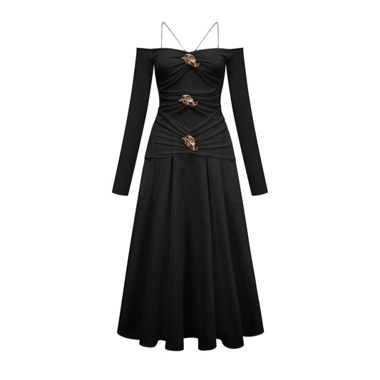 Nadine off-shoulder panelled maxi dress in Black