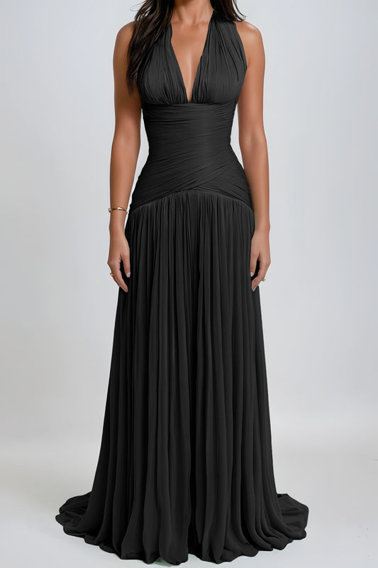 Elegant Uranie Black Halterneck Gathered Maxi Dress with Pleated Train Design
