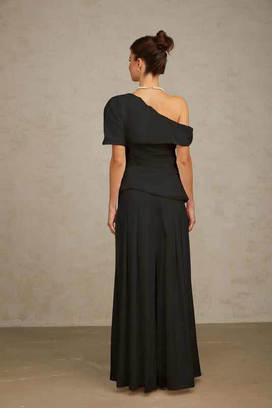 Adèle creased top & trousers matching set in Black