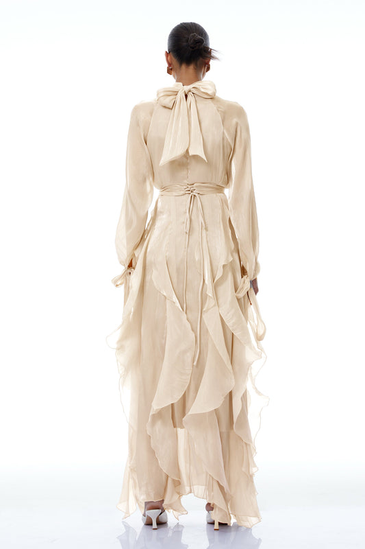 Zélie Neutral Glossy Pleated Ruffled Maxi dress