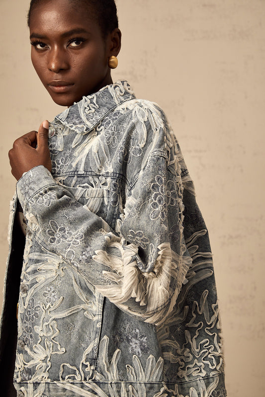 Mailys blue sequined flower-embroidered denim jacket