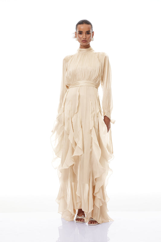 Zélie Neutral Glossy Pleated Ruffled Maxi dress