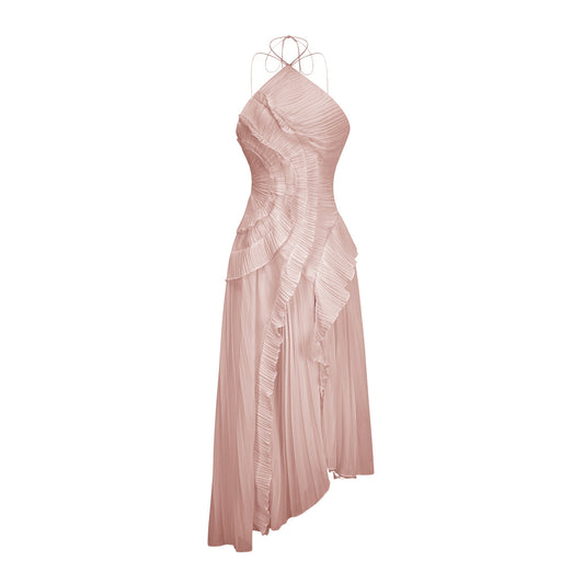 Doux Pink Ruffled Trim Pleated Midi Dress
