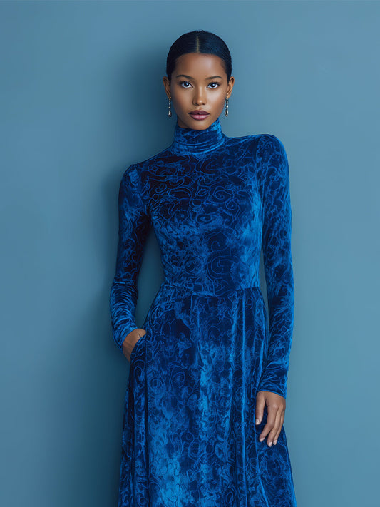 Women's Blue Elegant Velvet Patterned Turtleneck Maxi Dress MDA1403J6I