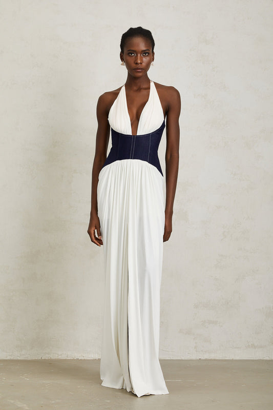 Airi White Halterneck Denim Panel Maxi Dress