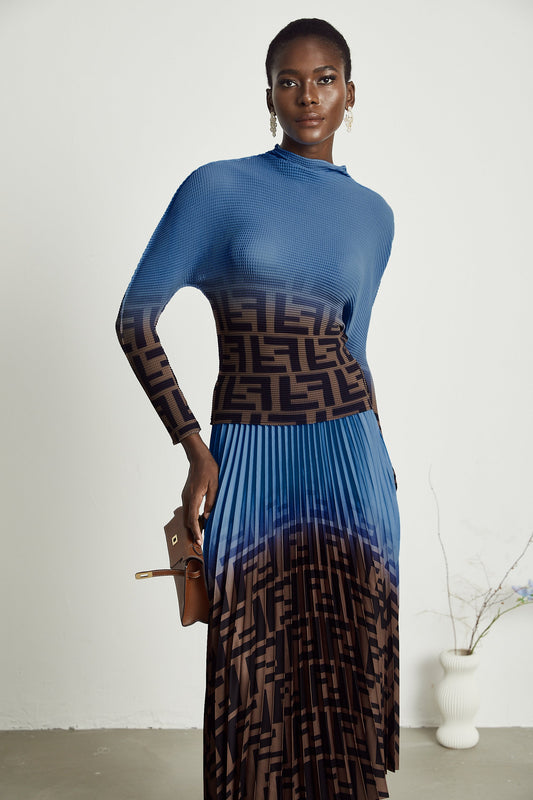 Désirée Color Block Pleated Top & Skirt Matching Set in Dark Blue