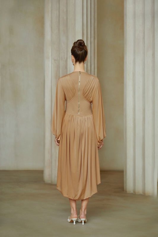 Kenza Pink Asymmetrical Pleated Midi Dress