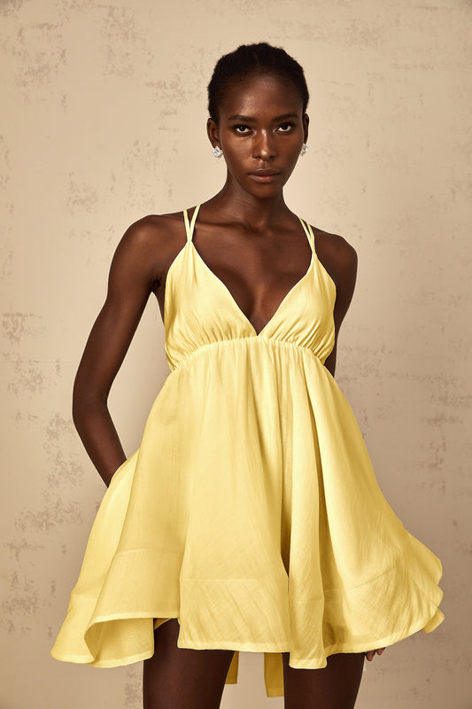 Quincie Yellow Shirred Flounced Mini Dress