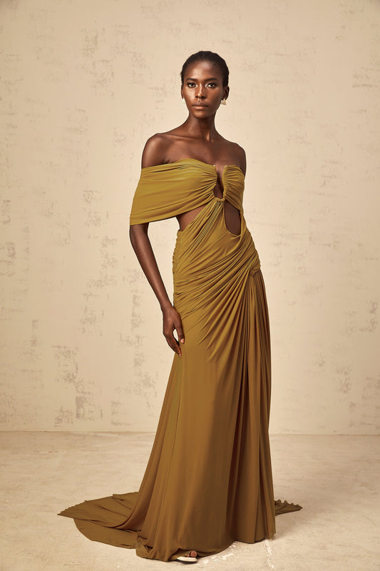 Ludivine ocher off-shoulder cut-out ruched maxi dress