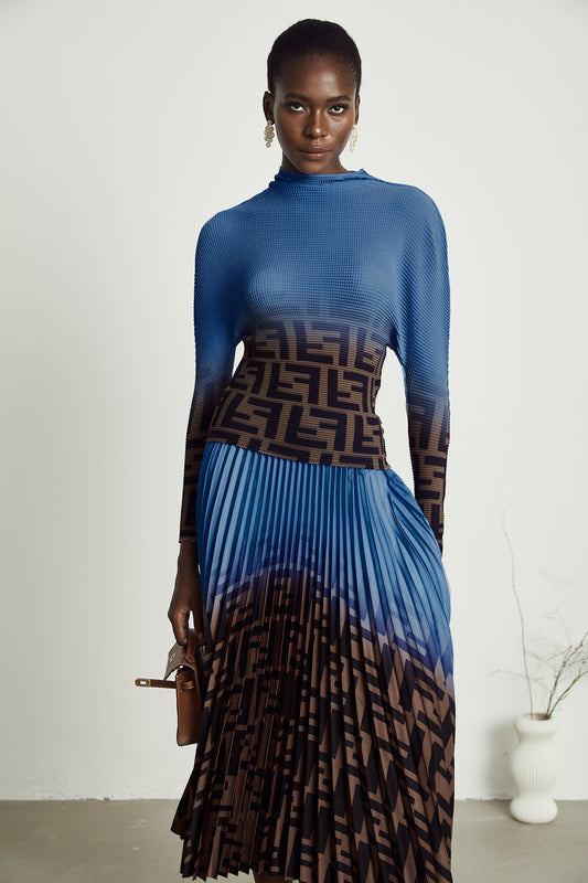 Désirée Color Block Pleated Top & Skirt Matching Set in Dark Blue