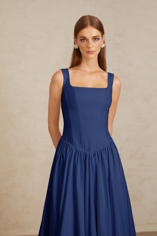 Sadie Blue Pleated Corset Maxi Gown
