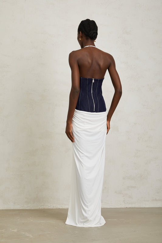 Airi White Halterneck Denim Panel Maxi Dress