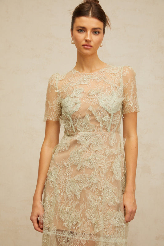 Xaviera mint-green floral-lace midi dress