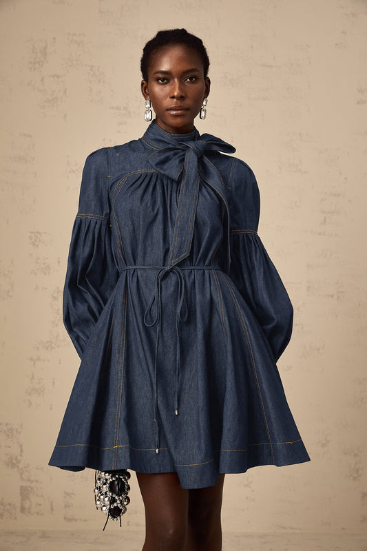 Mirabel dark-blue contrast-stitch denim mini dress