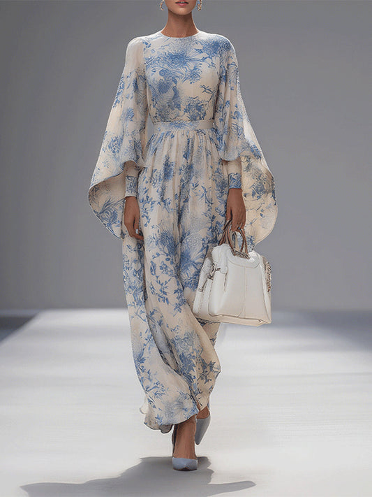 Women's Elegant Blended Printed Bell Sleeve High Waist Maxi Dress MDA3069G1I