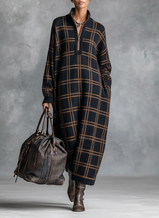 Women's Loose Plaid Zipper Neck Knitted Maxi Dress MDA1505J9Y