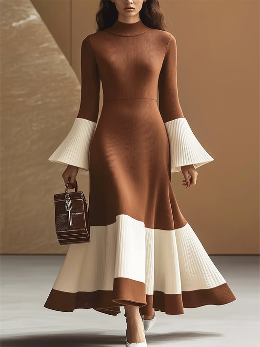 Women's Elegant Turtleneck Contrast Color Knitted Maxi Dress With Flared Sleeves MDA0290H0I