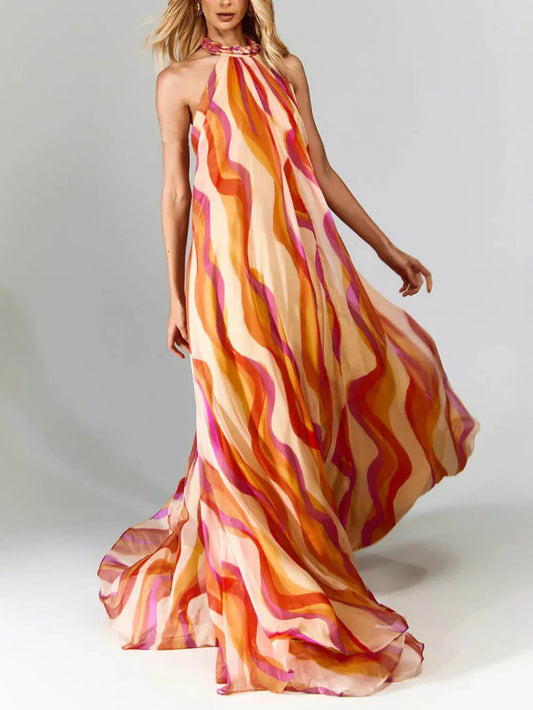 Elegant Wave Print Maxi Dress