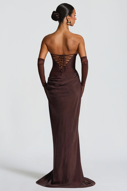 Vedette Brown Ruched Corset Maxi Dress