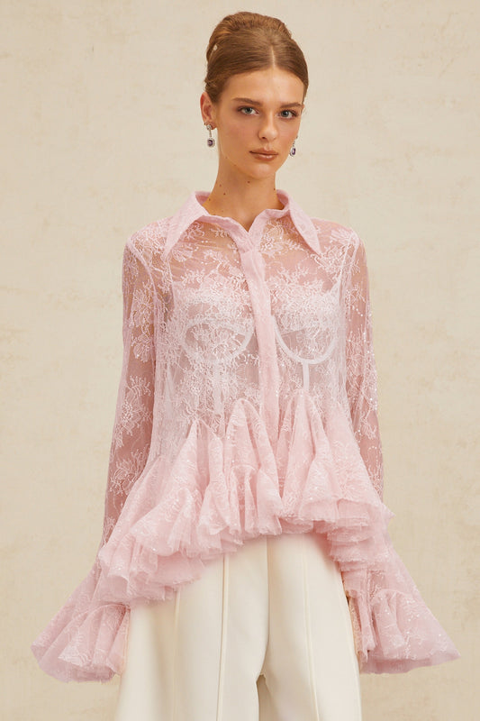 Ingrid Pink Peplum Floral Lace Blouse