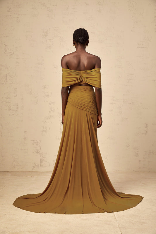 Ludivine ocher off-shoulder cut-out ruched maxi dress