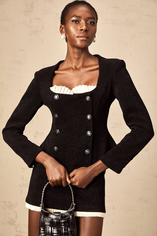 Hilaire black corduroy panelled top & skirt matching set