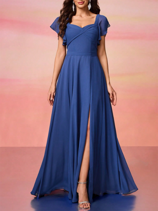 Women's Chiffon Square Neck Short Sleeve Backless Waist Hem Slit Maxi Dress MDA1931F2Y