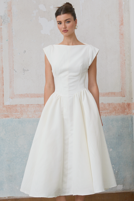 Amandine white open-back cap-sleeve midi dress