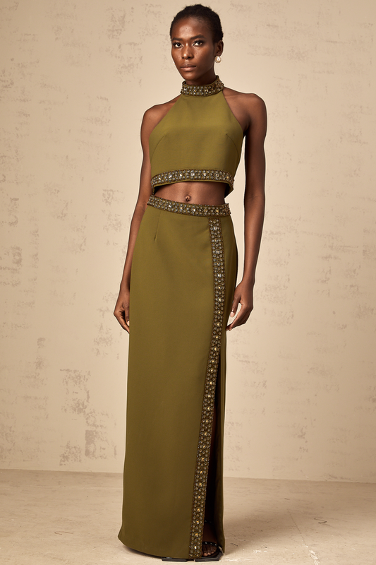 Daisy green beaded-trim top & skirt matching set