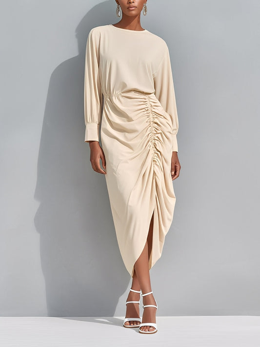 Women's Beige Chic Cotton Blend Ruched Side - Slit Midi Dress MDA1434J1I