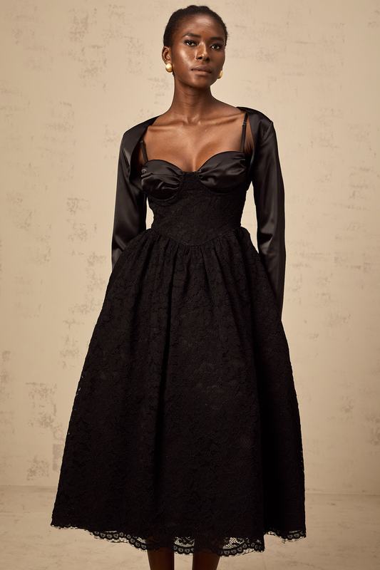 Sidonie black floral-lace top & dress matching set