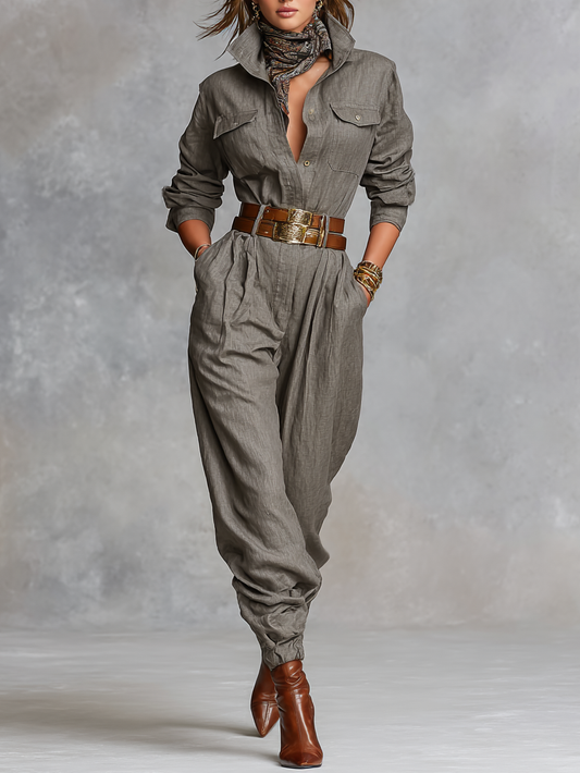 Women's Cotton And Linen Blended Long Sleeve Shirt Jumpsuit MDA3067G8Y