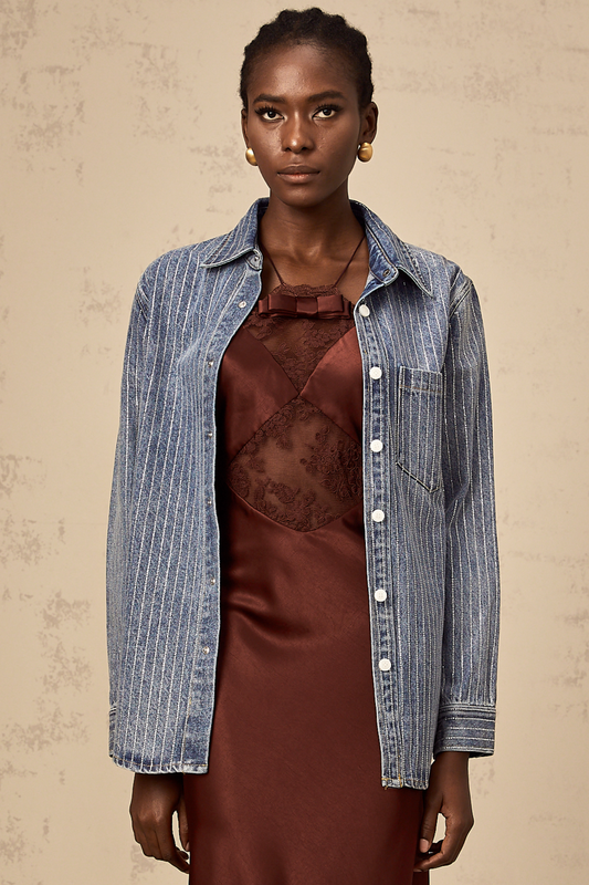 Joséphine blue embellished vertical-stripe denim shirt