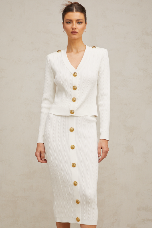 Quirine white rib-knit jacket & skirt matching set