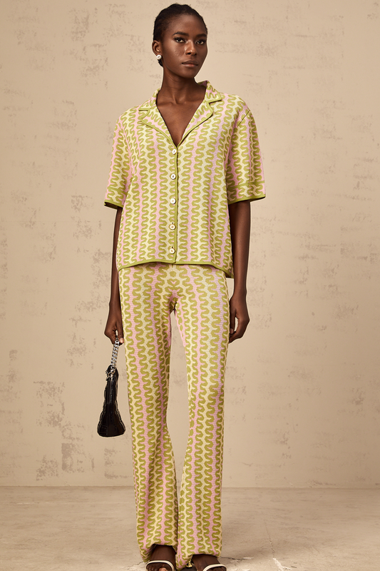 Ophélie green color-block knitted shirt & trousers matching set